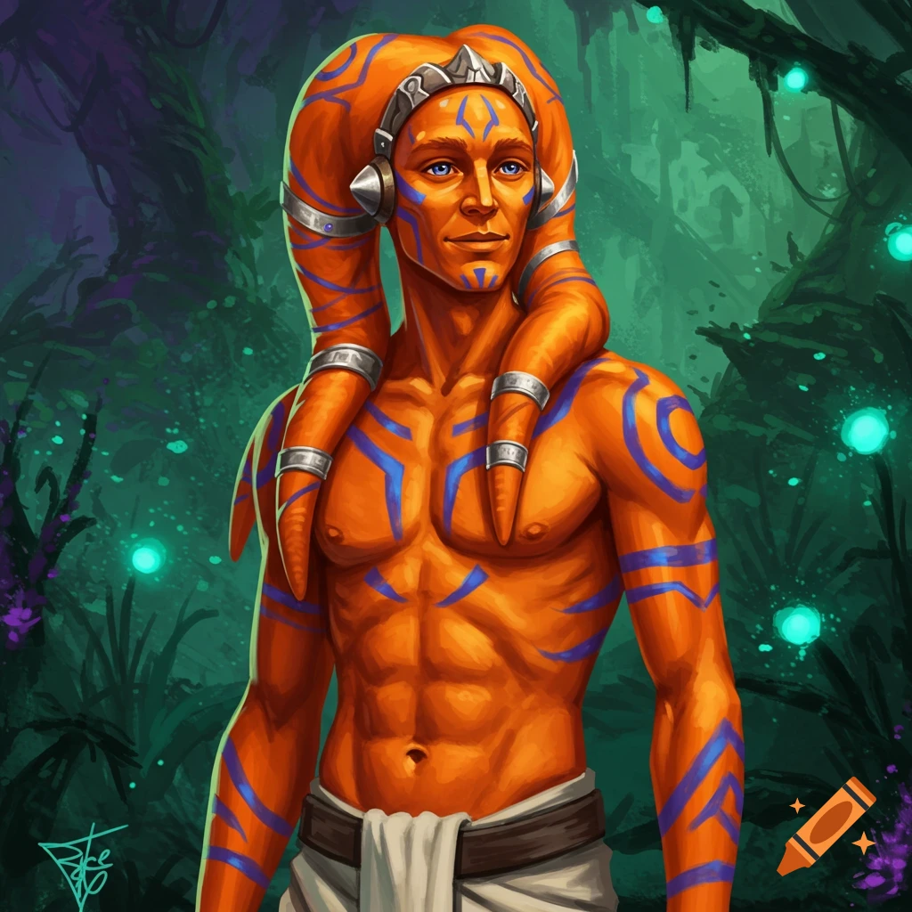 Anime style Twi'lek male with orange skin and tattoos on Craiyon