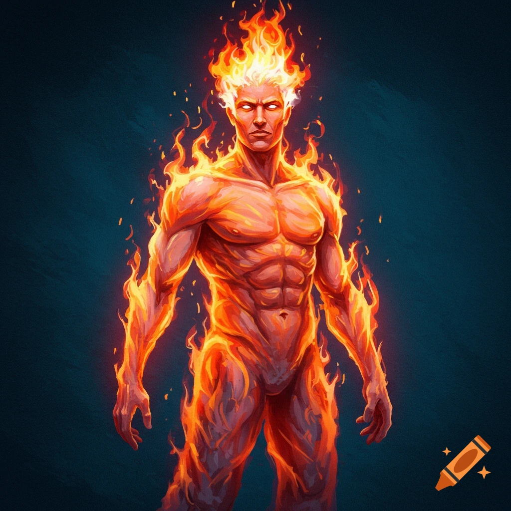 A muscular man made entirely of fire stands against a dark background.
