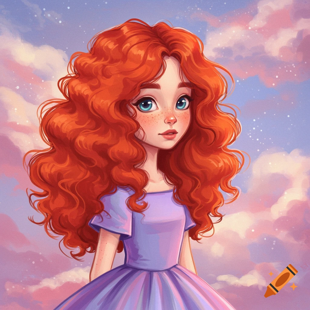A young girl with curly red hair in a purple dress against a cloudy sky.