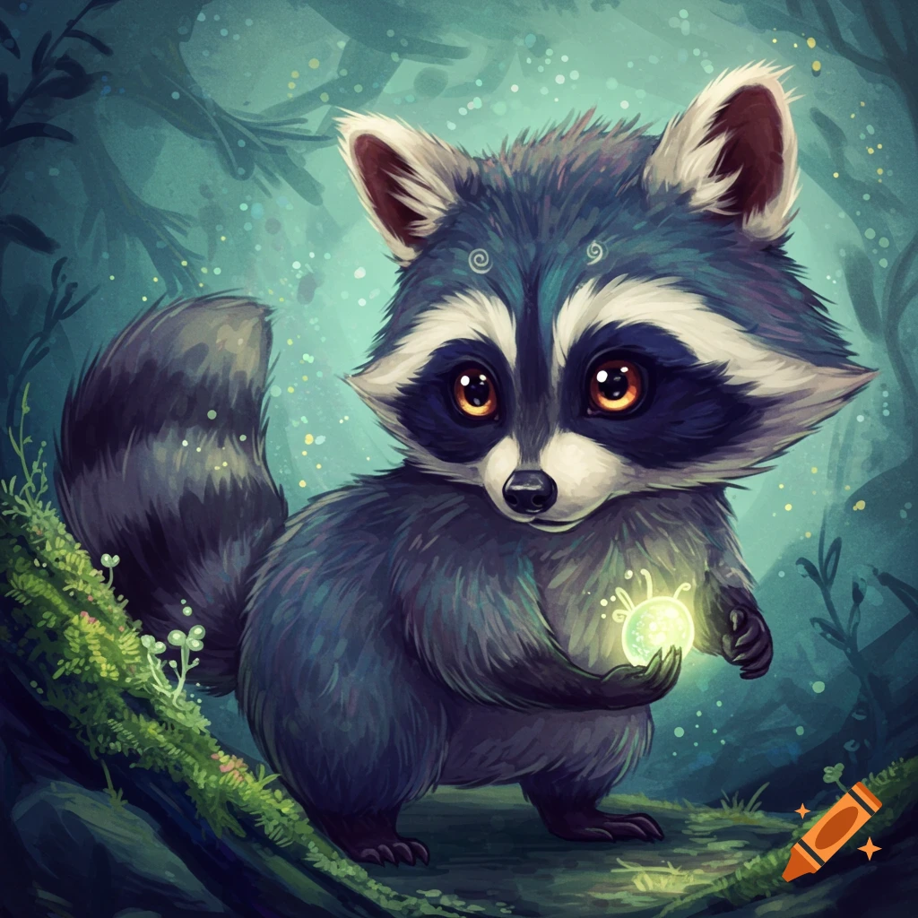 Cute illustration of a raccoon holding a glowing orb in a forest.
