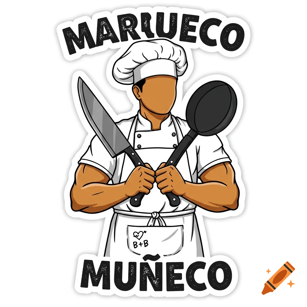 Sticker illustration of a muscular chef holding a knife and pan, with text MARRUECO and MUÑECO.