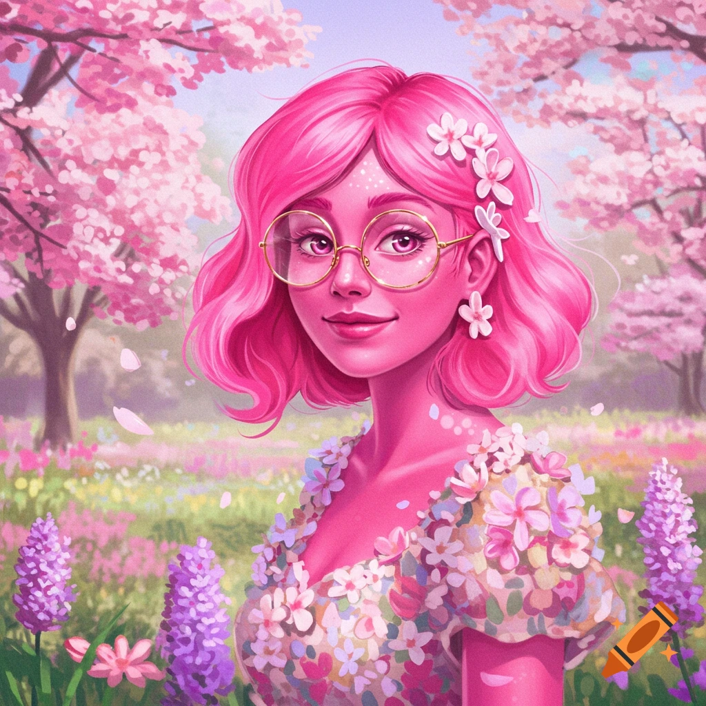 A pink-haired girl with glasses is in a spring landscape with cherry blossoms.
