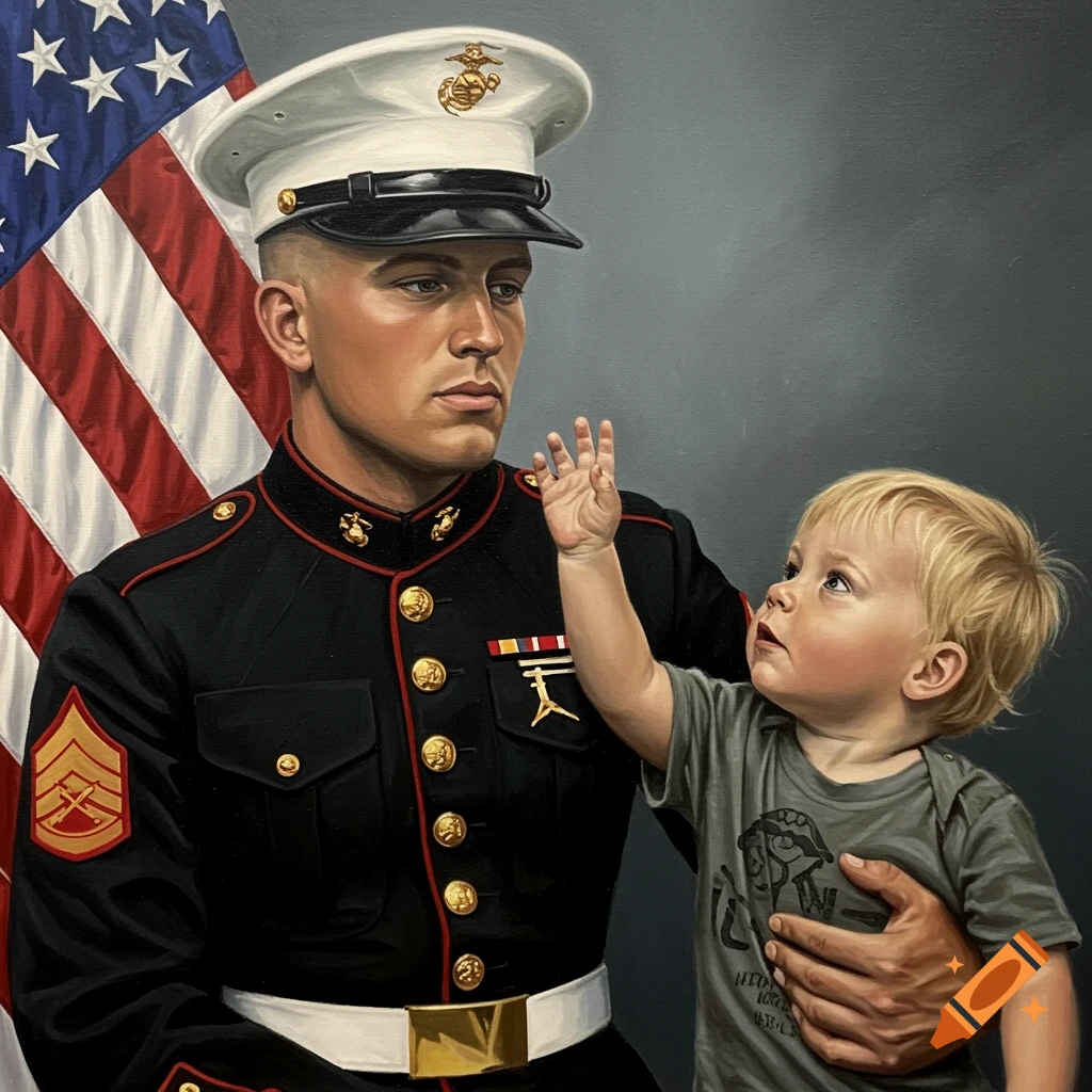 Portrait of a Marine in uniform holding a baby reaching towards his hat, with an American flag behind them.