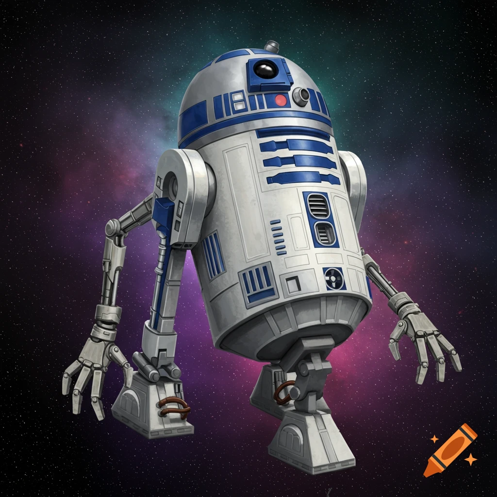 R2D2 with articulated arms and legs standing against a galaxy background.