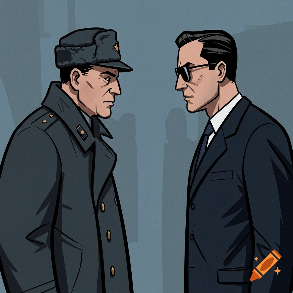 A man in a Soviet military uniform faces a man in a suit and sunglasses.