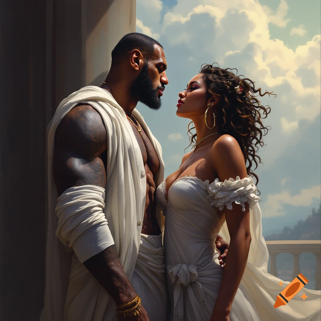 A man and woman in classical white robes look at each other intensely outdoors.