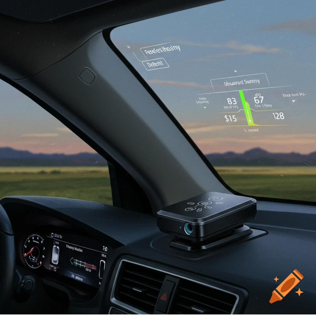 View from inside a car showing a projector on the dashboard displaying a holographic interface on the windshield.