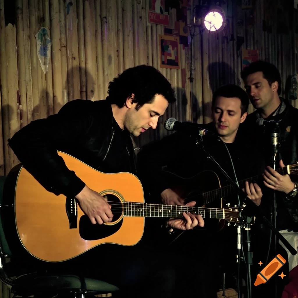 Three men playing acoustic guitars in a dimly lit room with a wooden wall and posters.