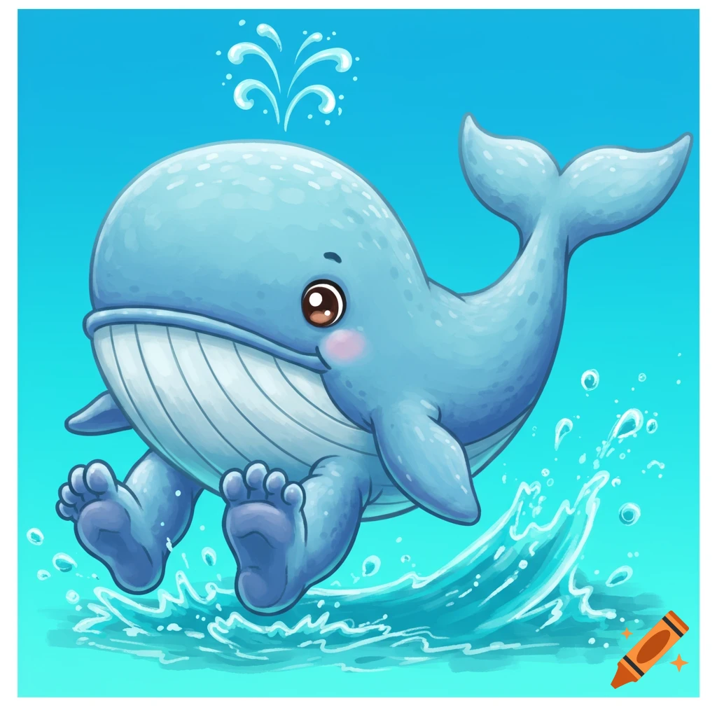 A cartoon whale with feet instead of flippers splashes in blue water, looking cute.