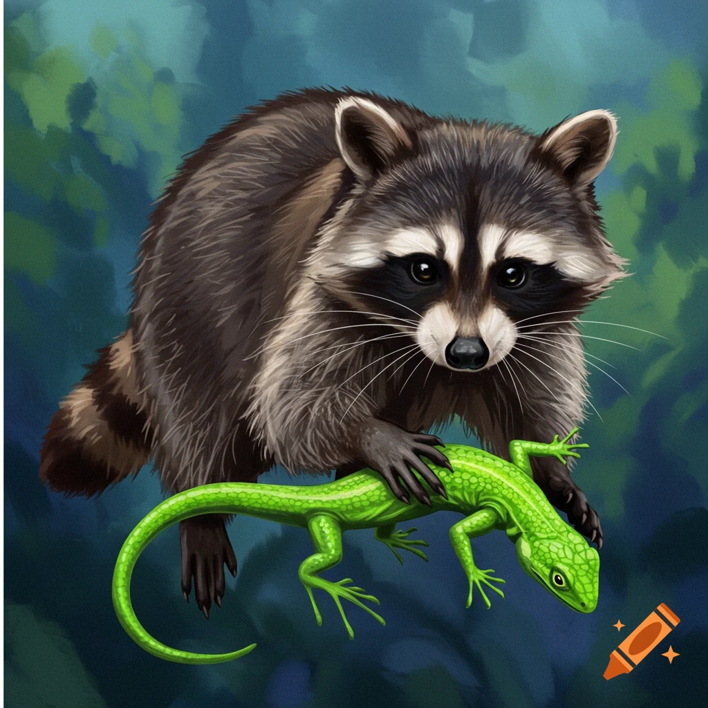 A raccoon holding a bright green lizard