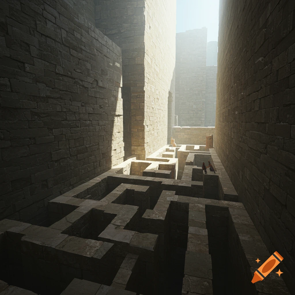 A vast stone maze with high walls and sunlight casting shadows.