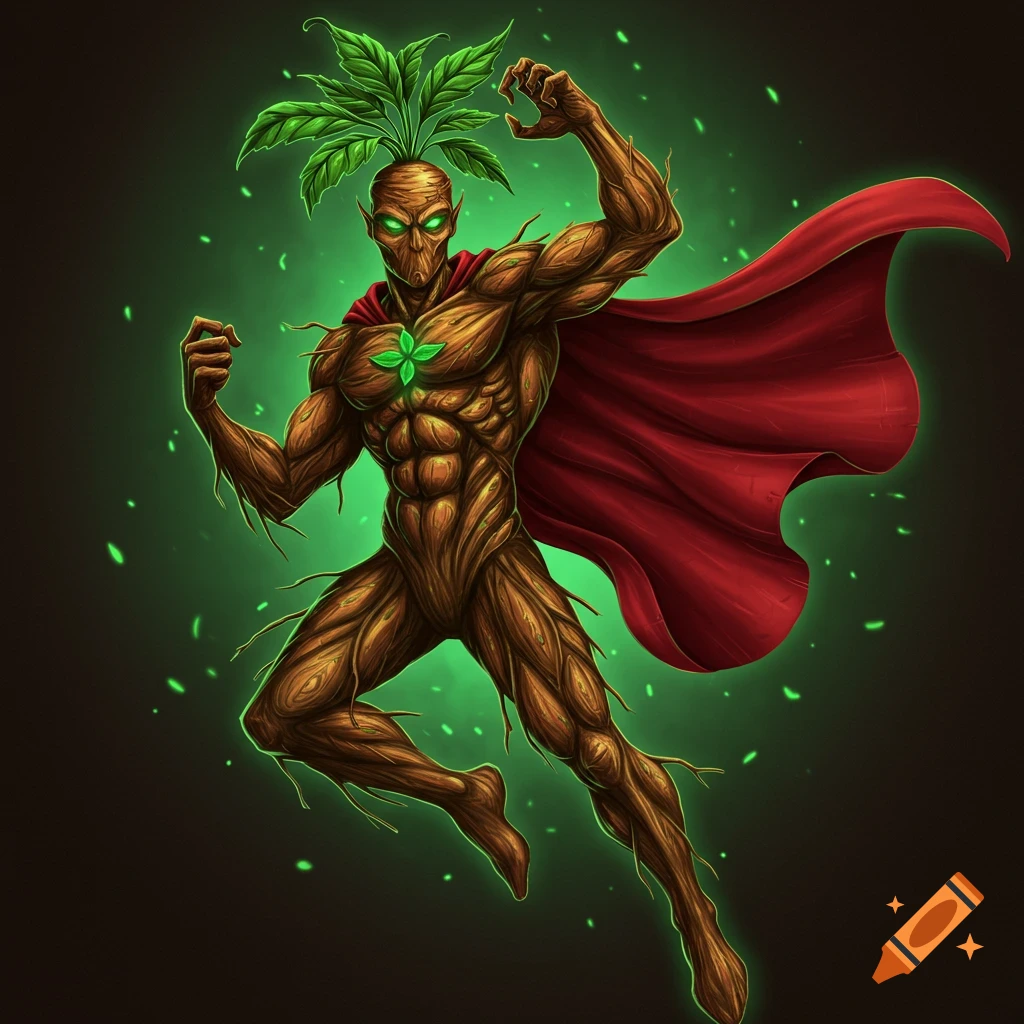 A plant superhero with wood skin and leaf hair, wearing a red cape.
