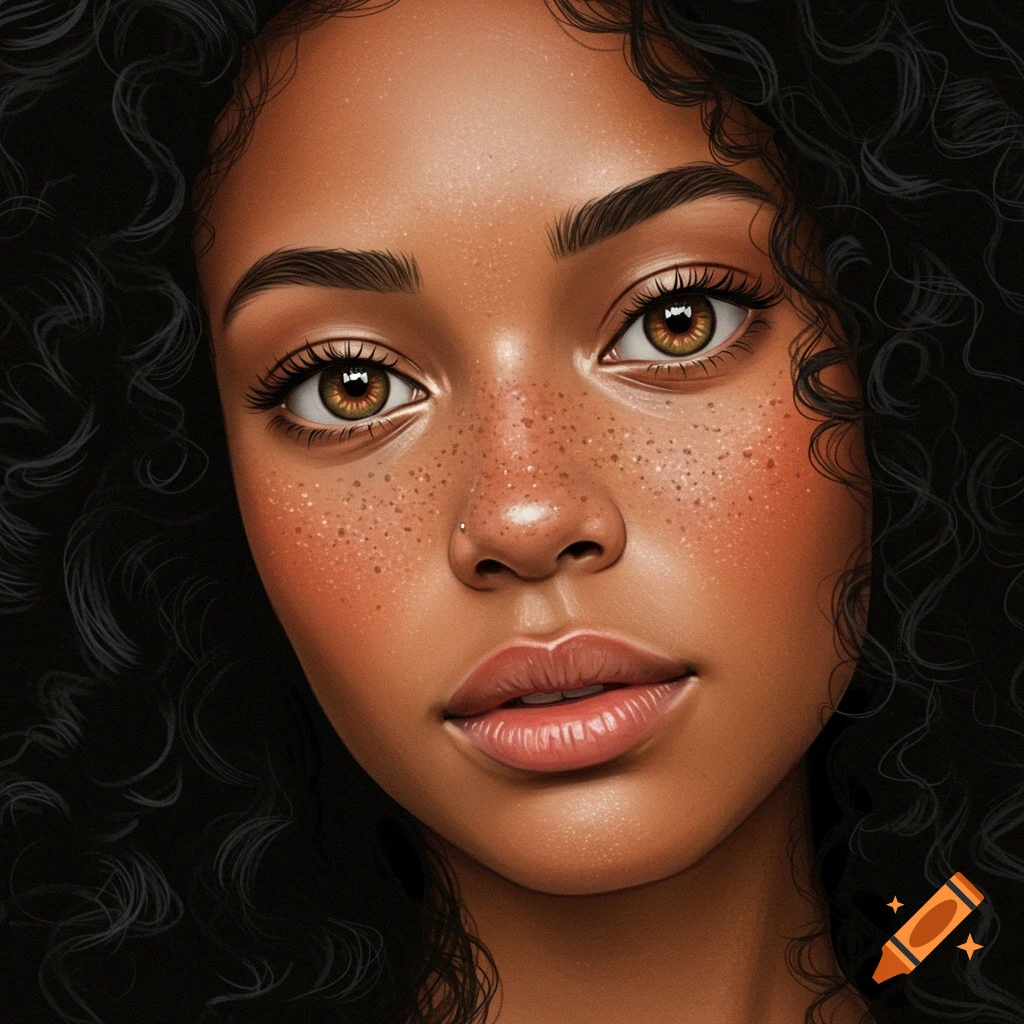 Close-up digital art portrait of a young woman with tan skin, freckles, amber eyes, full lips, and curly black hair.