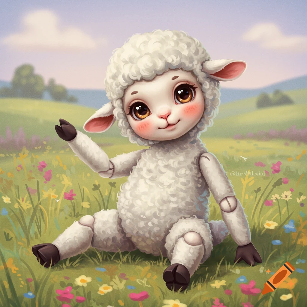 A cute ball-jointed sheep doll sits in a field of flowers.
