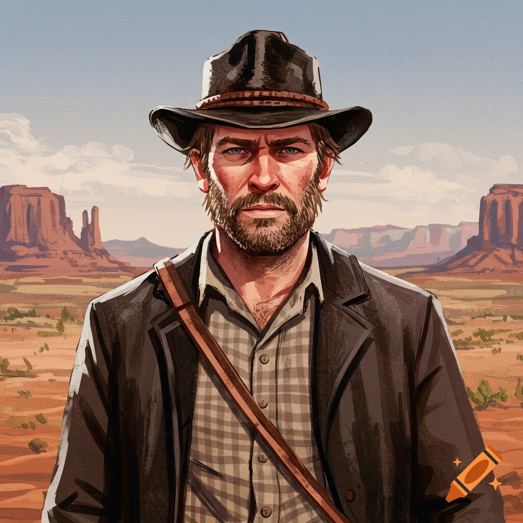A man in a cowboy hat stands in a desert landscape.