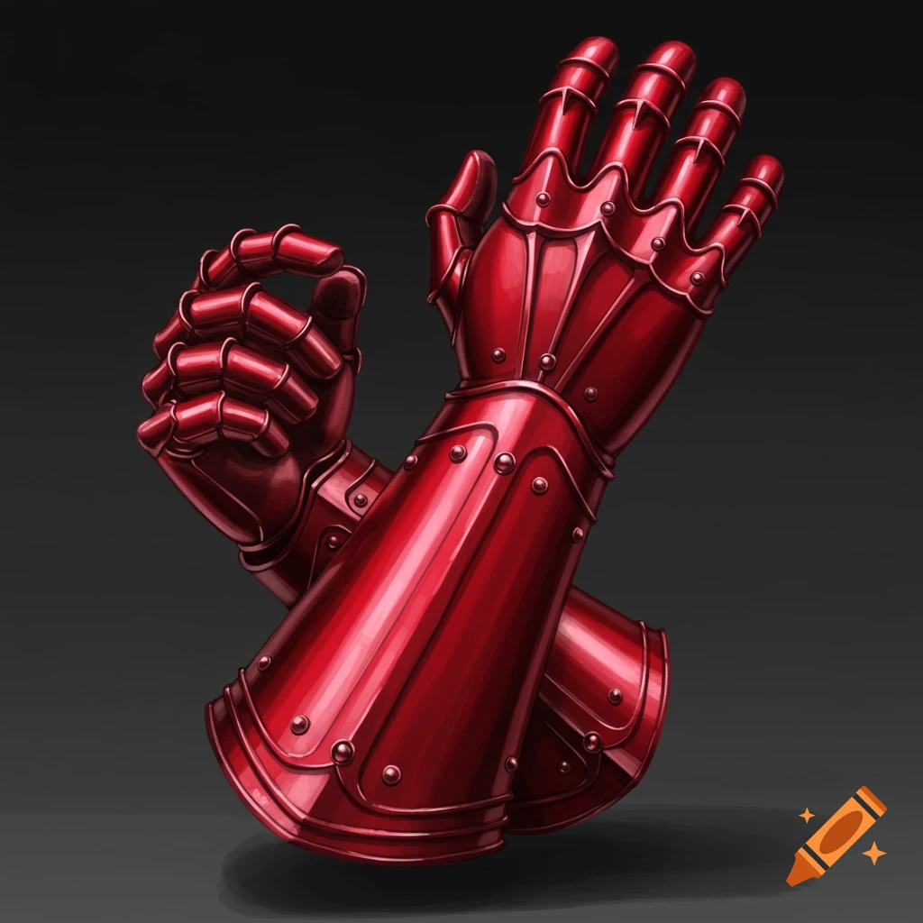 Crimson red metal gauntlets are crossed over each other.