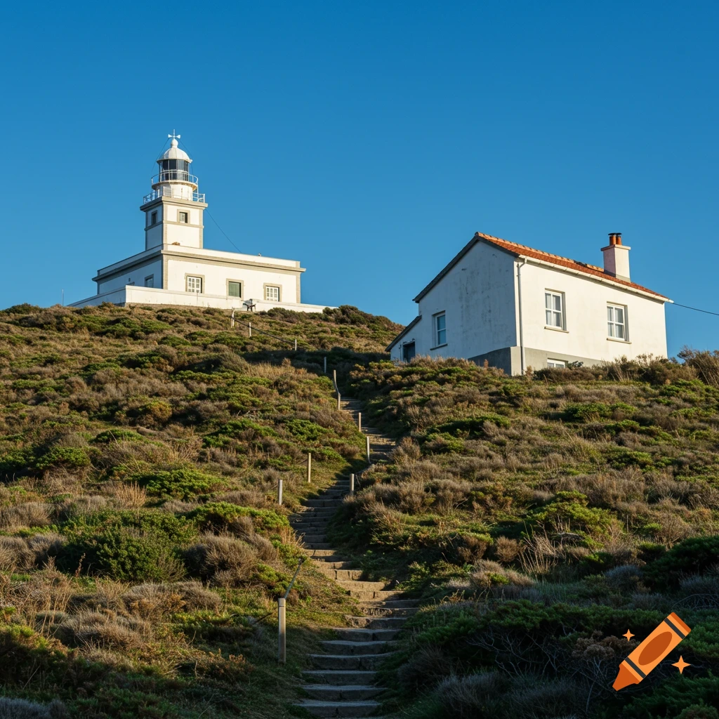 Stairs lead up a grassy hill to a lighthouse and house under a blue sky.