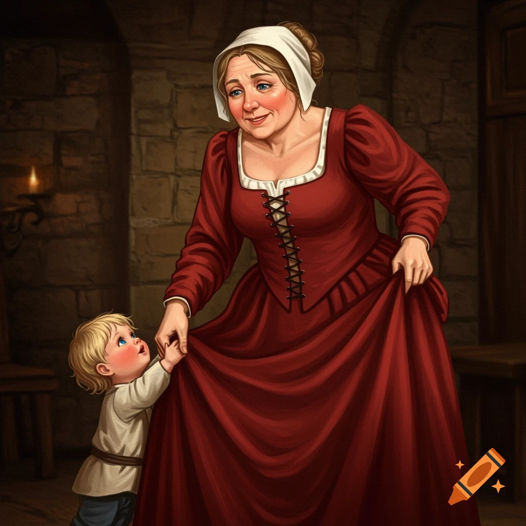 A medieval nanny in a red dress, smiling down at a child holding her skirt in a dimly lit room.