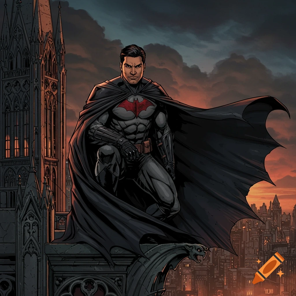Batman crouches on a gothic rooftop overlooking a city at sunset, comic art style