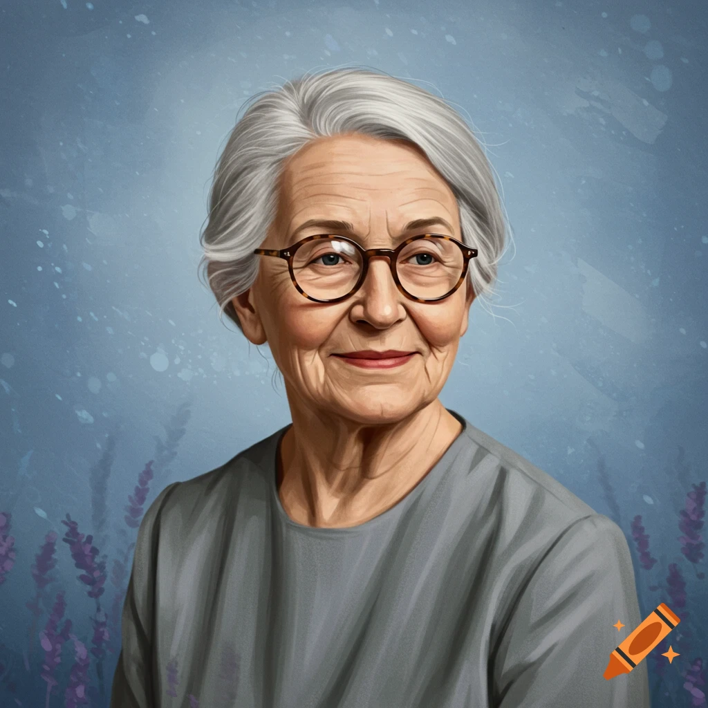 Portrait of a smiling older woman with glasses and grey hair against a blue background.