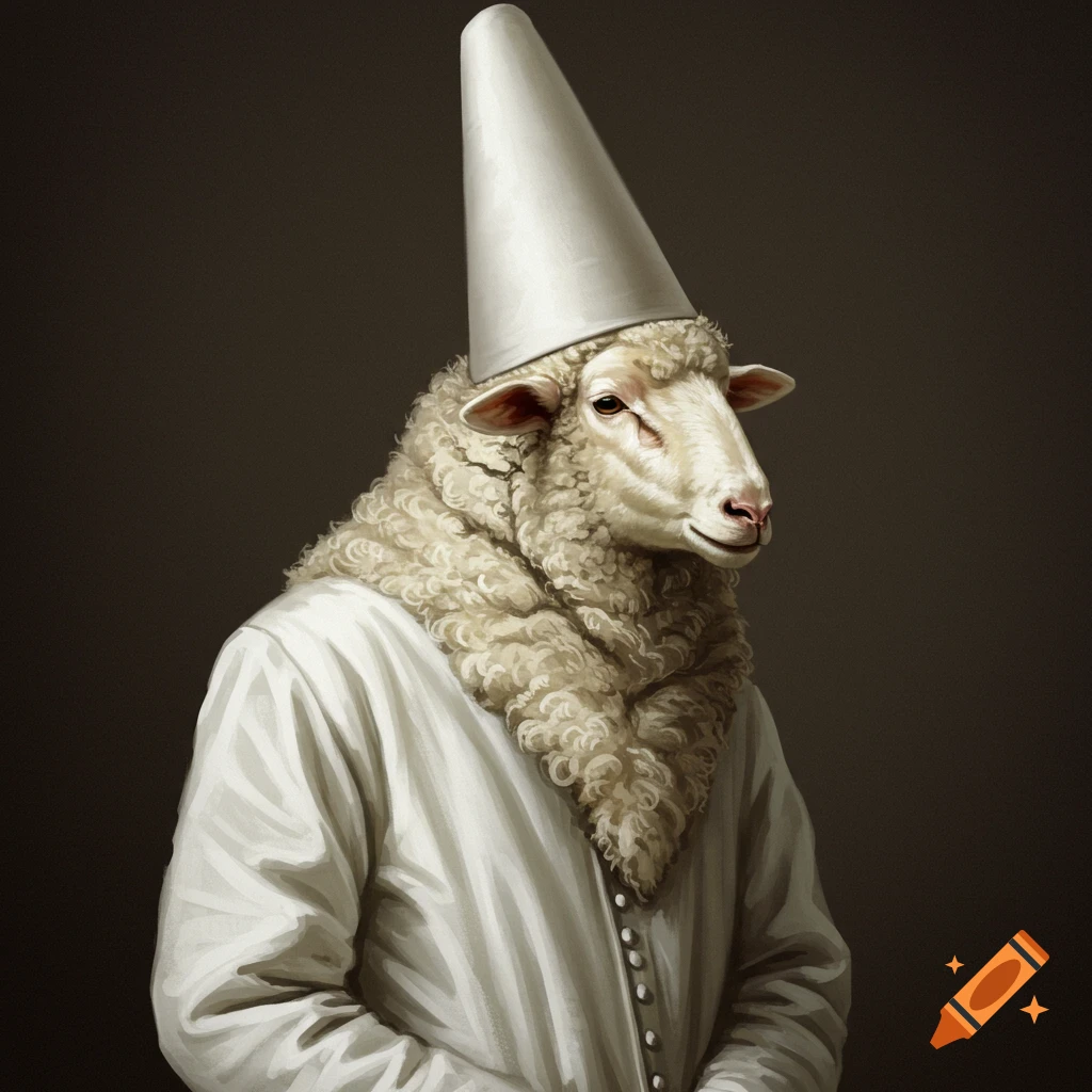 A sheep's head on a person wearing a white robe and pointy hat
