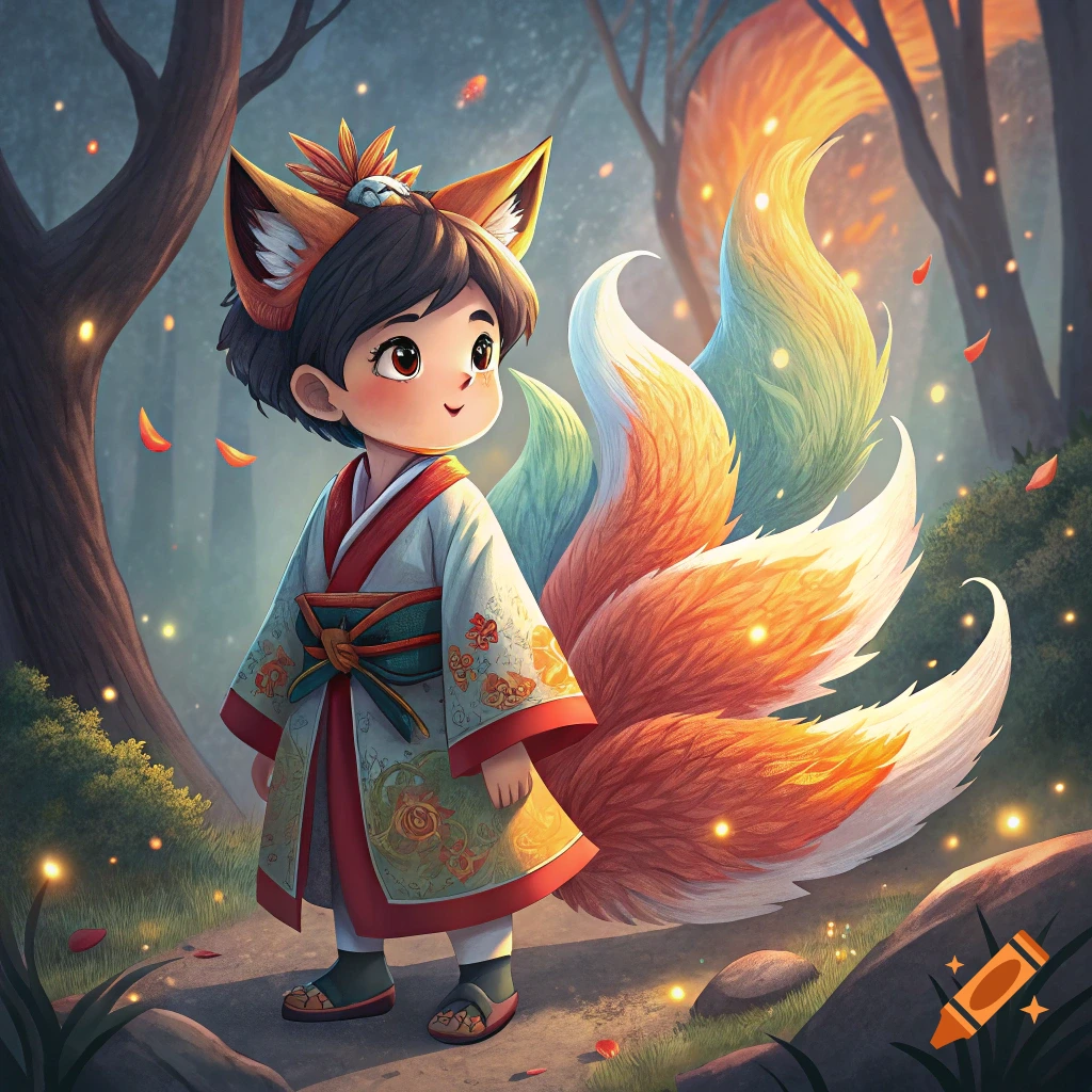 A child character with fox ears and nine colorful tails stands in a forest path wearing a kimono.