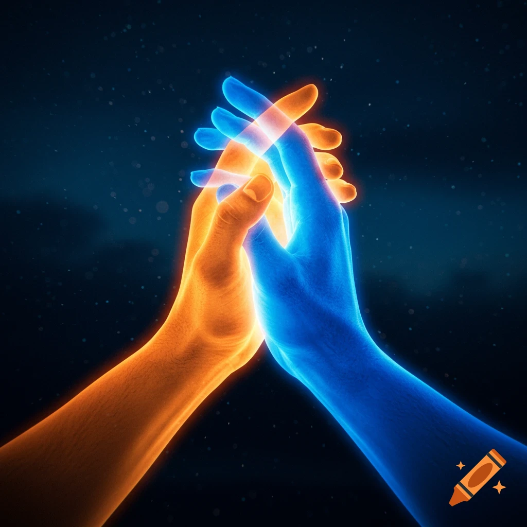 Two glowing hands, one blue and one orange, reaching towards each other against a dark, ethereal background.