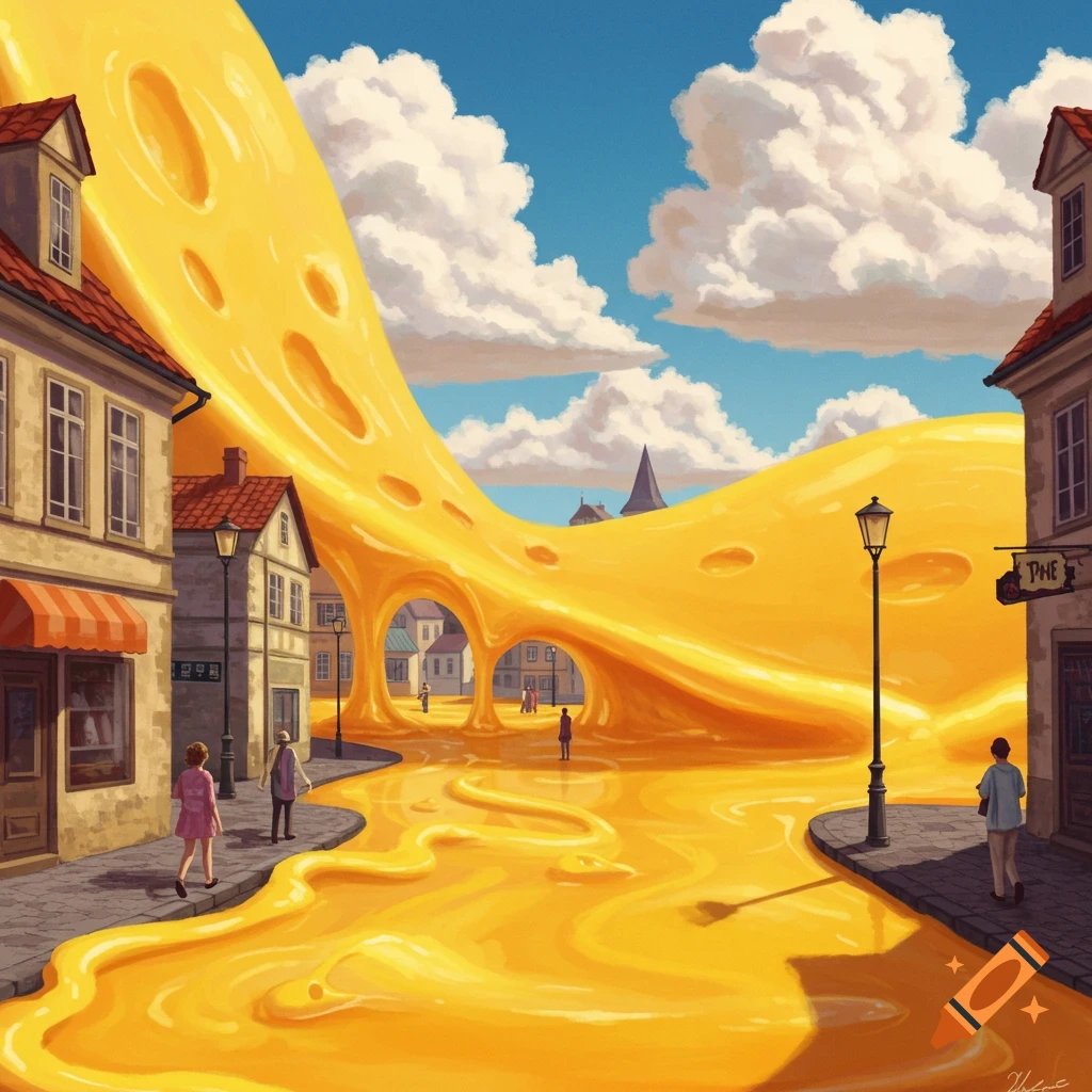 Surreal image of a town street flooded with melted cheese.