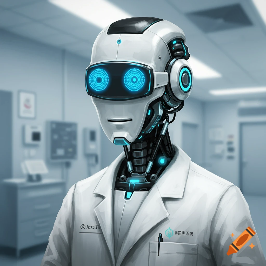 A smart robot wearing a lab coat in a medical setting.