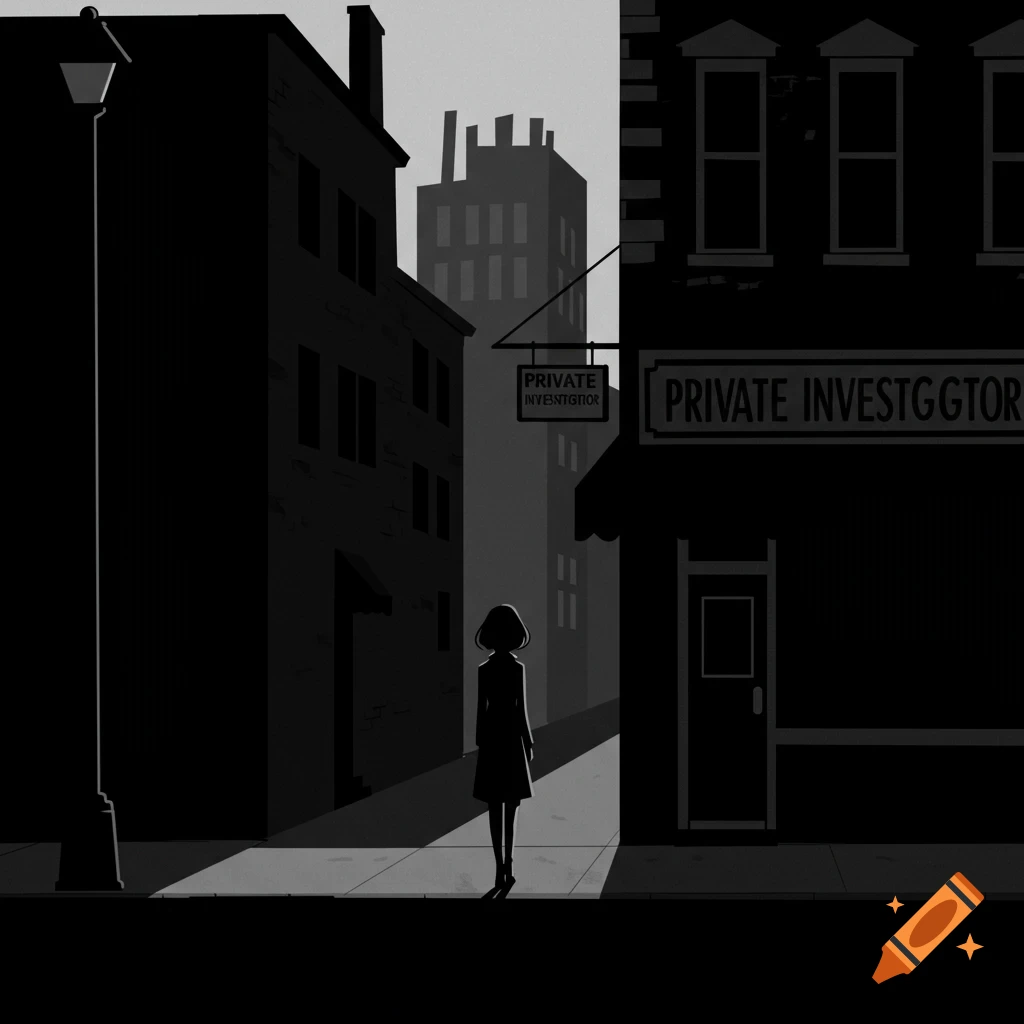 Black and white stylized image of a woman standing on a street in front of a private investigator's office in a noir style.