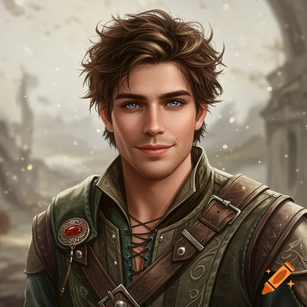 Photorealistic portrait of a handsome young man in fantasy leather armor.