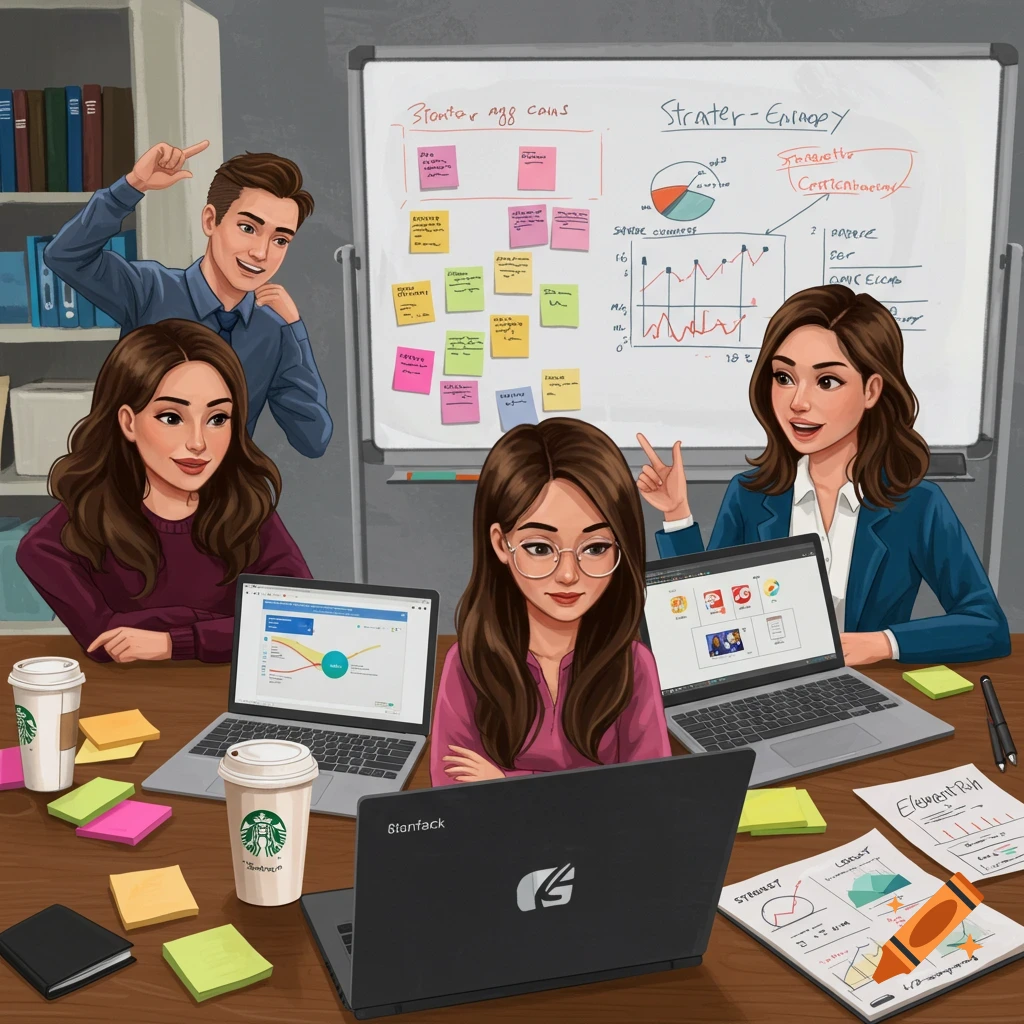 A diverse business team is working together with laptops, coffee, and sticky notes around a whiteboard.