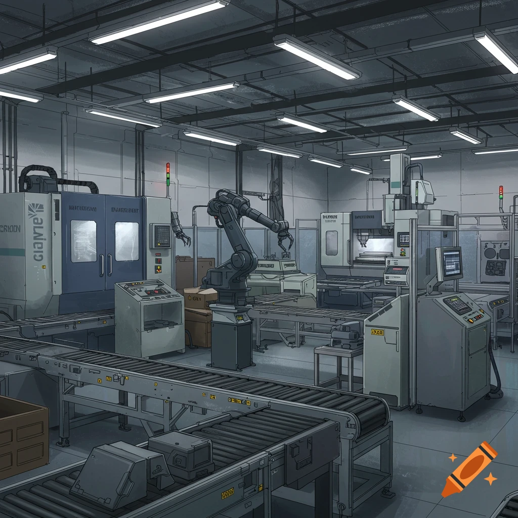 An empty manufacturing facility with industrial machines, robotic arms, and conveyor belts.