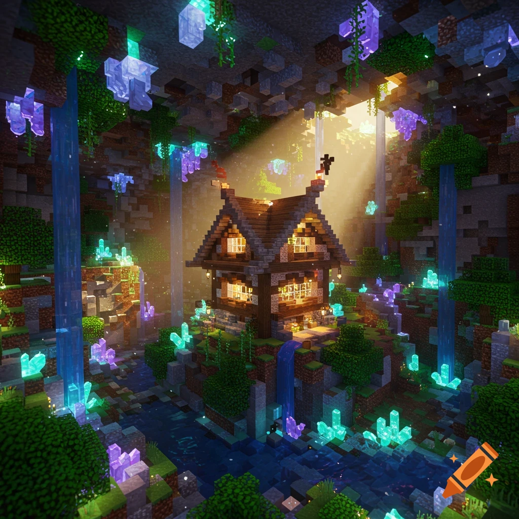 Minecraft-style house in a lush cave with glowing crystals and waterfalls.