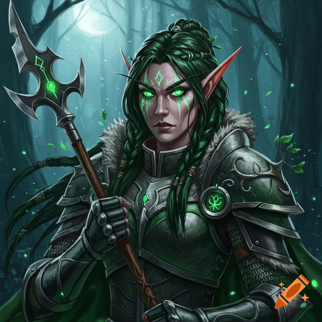 A female fantasy elf in green armor holding a polearm in a dark forest