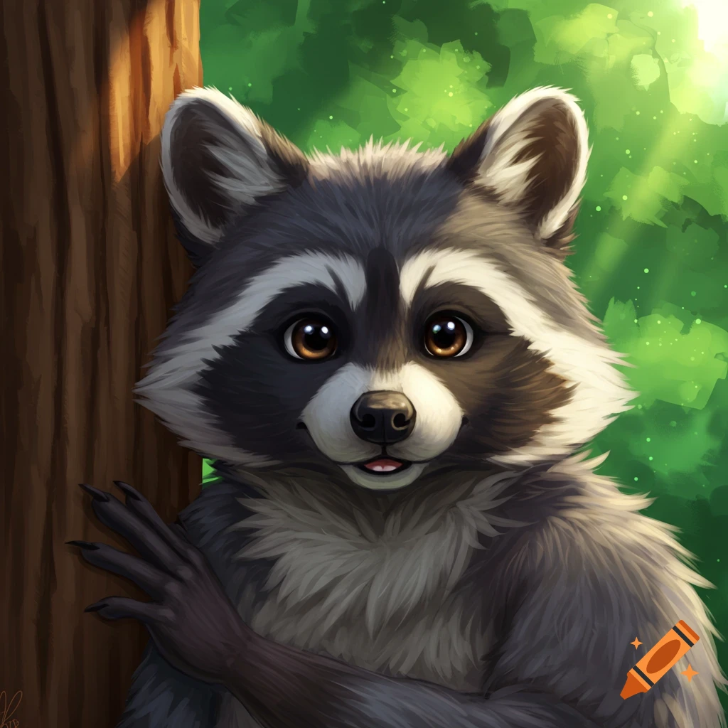 A furry raccoon leans on a tree trunk in a sunlit forest.