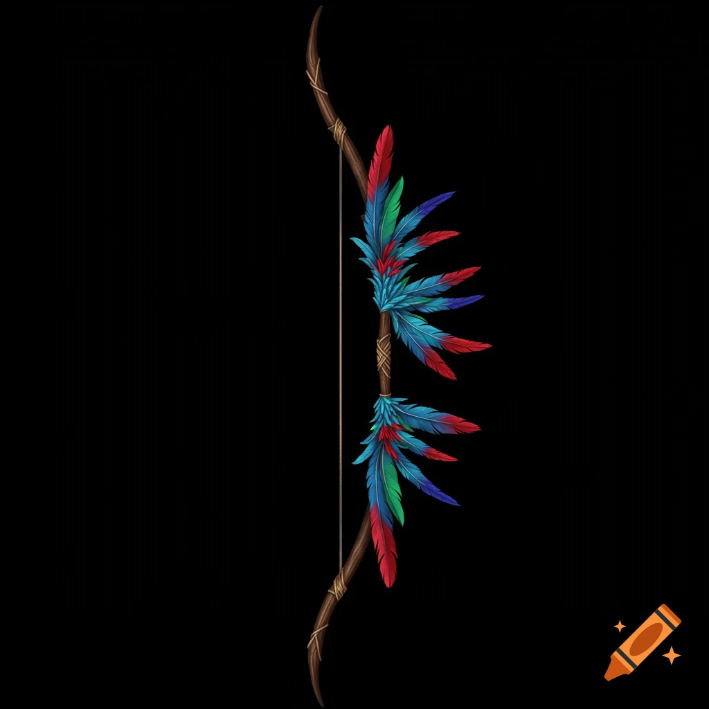 A long bow adorned with colorful feathers on a black background.