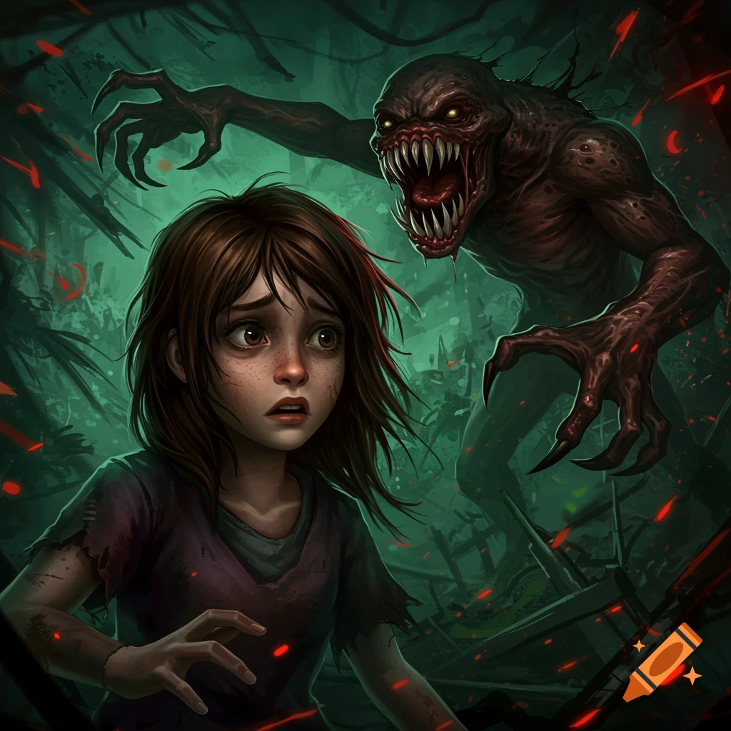 A frightened girl fleeing a grotesque monster in a dark forest.