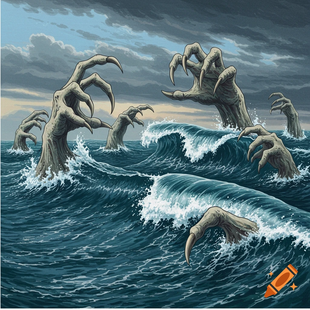 Monstrous hands with sharp claws rise from stormy dark blue ocean waves.