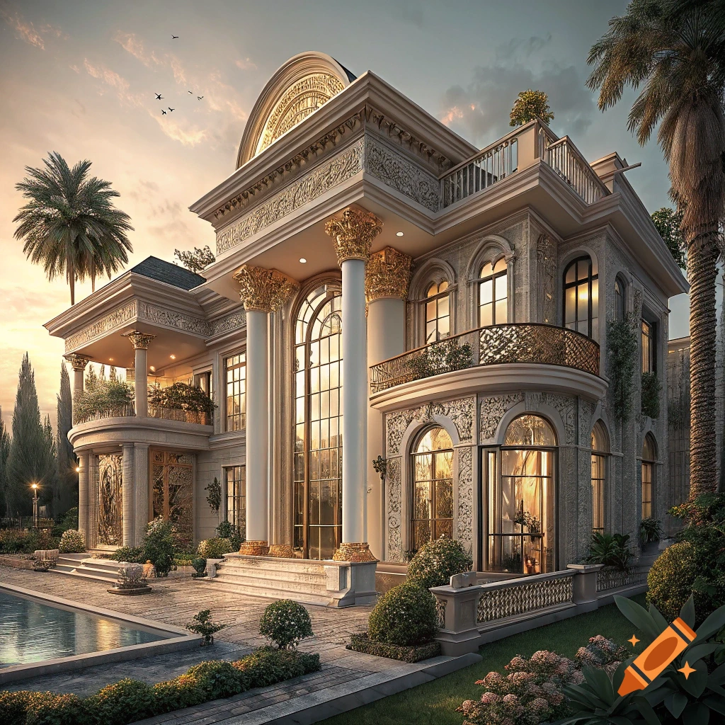 Luxurious mansion with large columns, intricate details, pool, and landscaping under a sunset sky