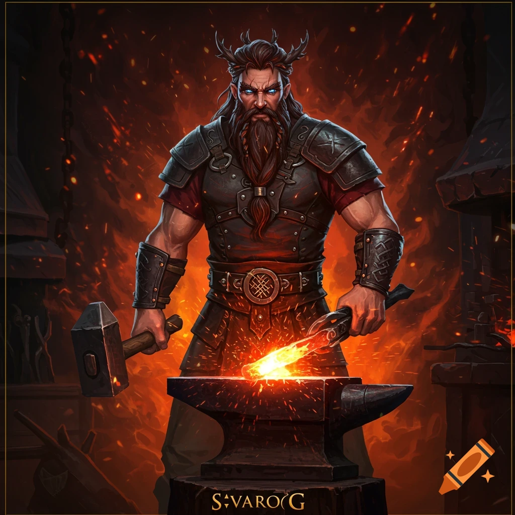 Svarog, a muscular blacksmith with a beard and antler-like horns, hammering glowing metal on an anvil in a fiery forge.