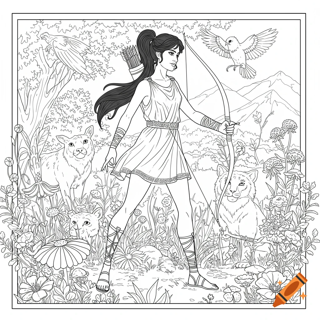 A black and white coloring page of Artemis with a bow, surrounded by animals in a forest.