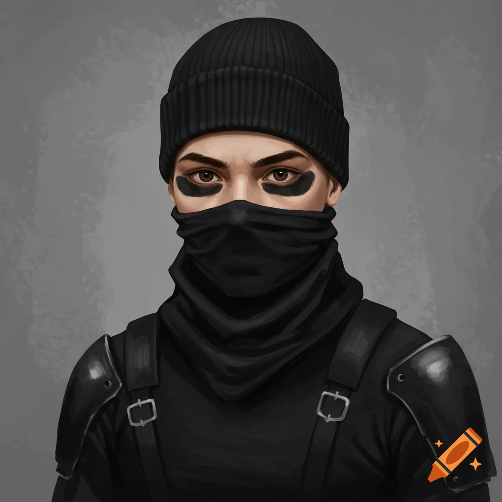 A person wearing a black beanie, face covering, eye black, and black tactical gear.