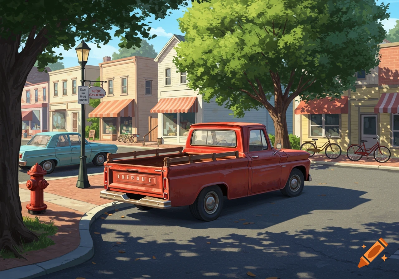 A red pickup truck and another car are parked on a street in a small town.