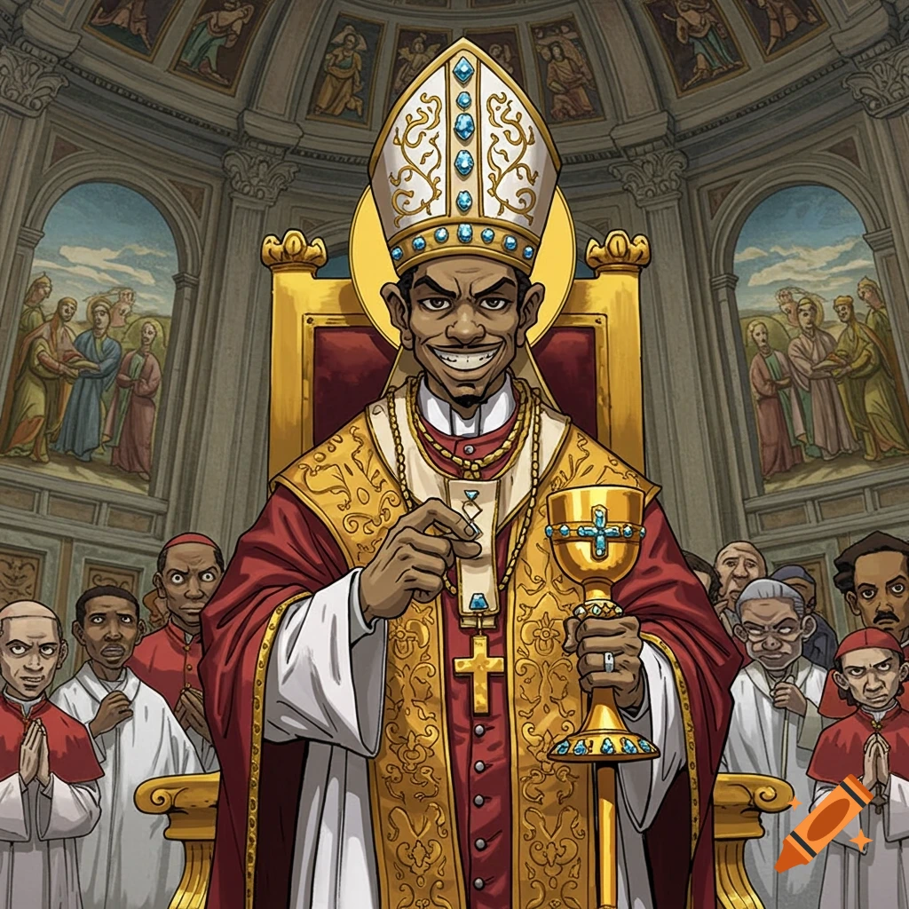 A stylized image of a Black man dressed as the Pope, holding a chalice, surrounded by figures in a church interior.