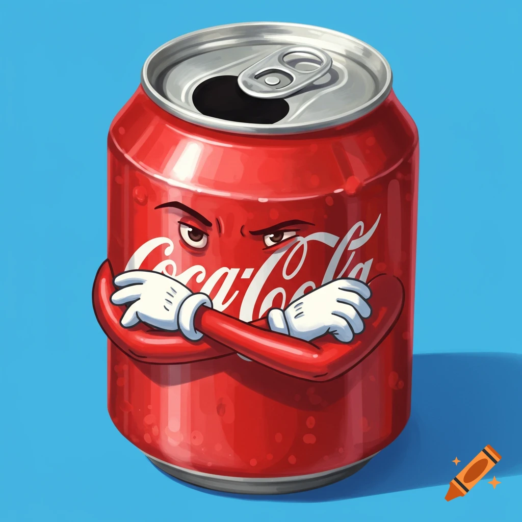 A red Coca-Cola can cartoon character with arms crossed
