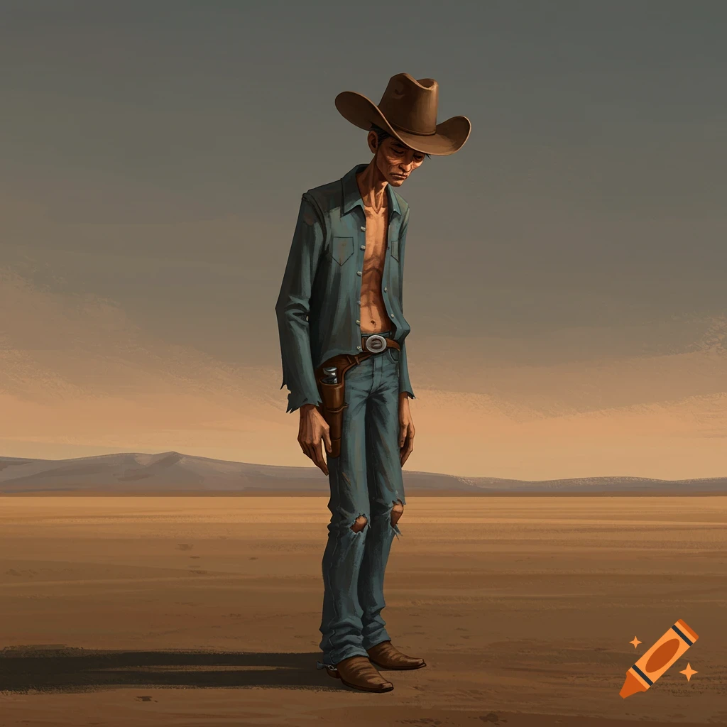 A thin cowboy stands looking down in a vast desert landscape.