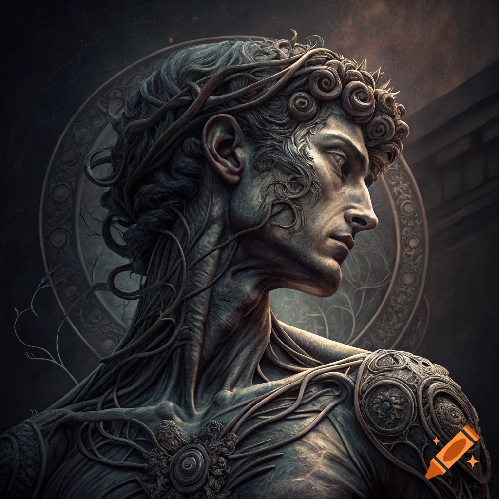 Dark, biomechanical statue of a figure resembling Michelangelo's David, in the style of HR Giger.