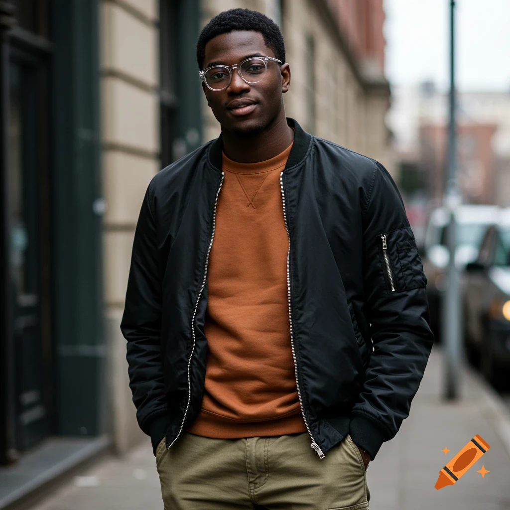 A man in a black bomber jacket and glasses stands on a city street with his hands in his pockets.