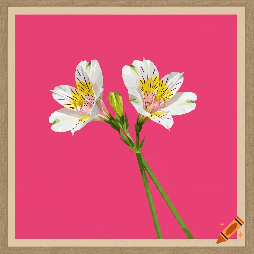 Two abstract white flowers with yellow and pink centers on green stems against a hot pink background, in a beige frame.
